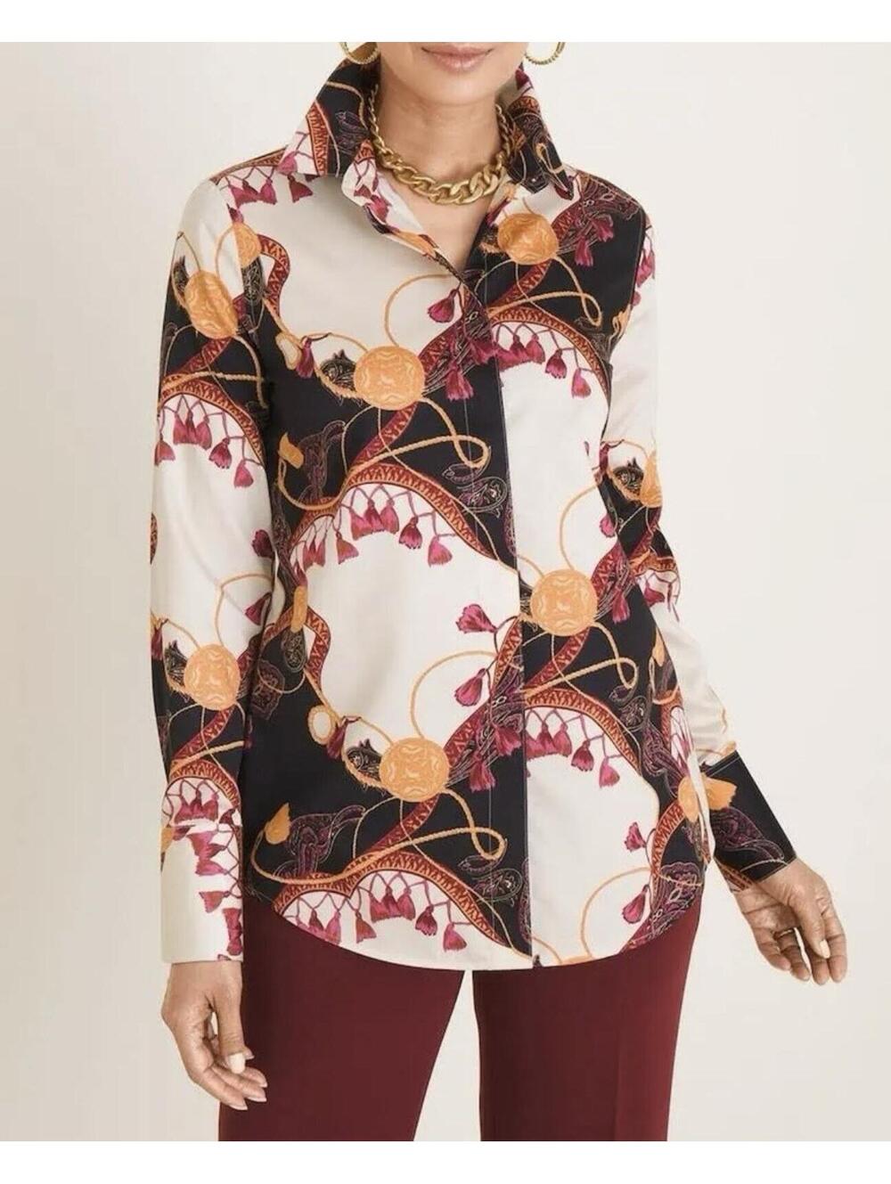 CHICO’S NWOT No-Iron Sateen Tassel Status-Print Cotton Button-up Shirt-Medium